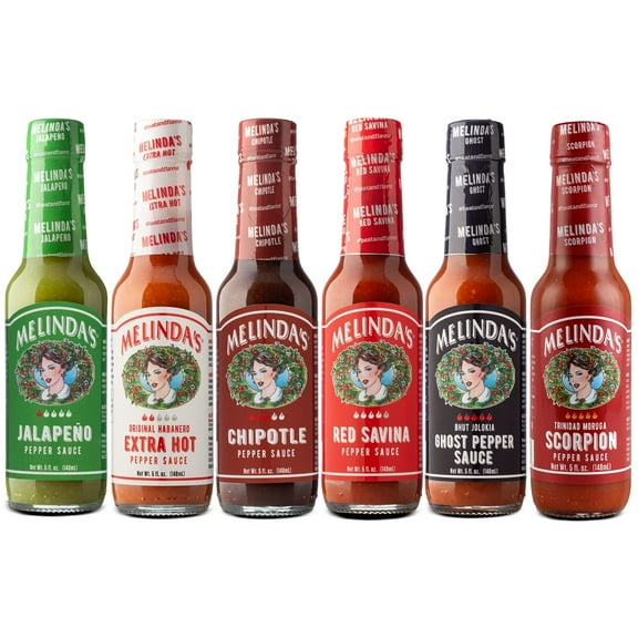 Melinda’s Pepper Sauce Challenge Collection - Extra Spicy Gourmet Hot Sauce Gift Set with Variety of Chile Peppers - Includes Jalapeño, Extra Hot Habanero, Chipotle, Red Savina, Ghost, Scorpion- 5 oz,