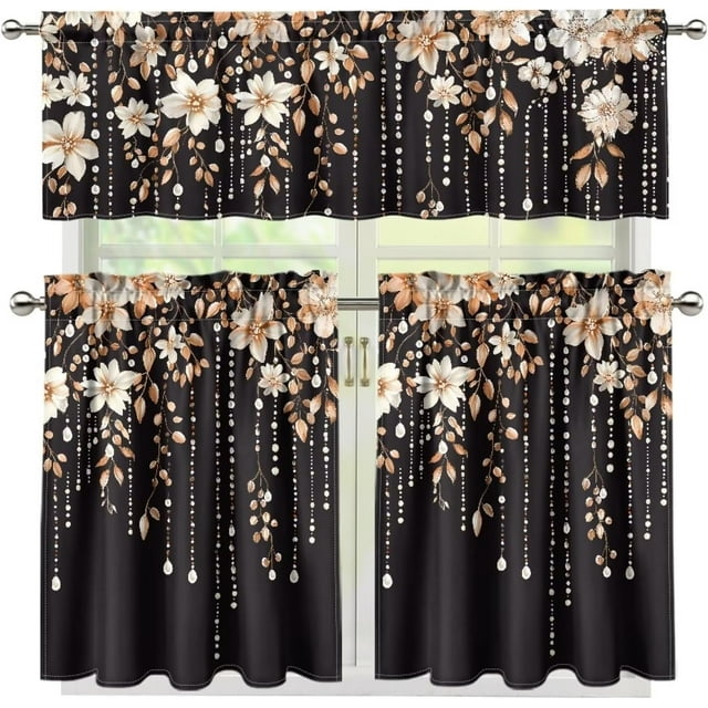 White Flower Beads Kitchen Curtain Valance and Tiers Set Kitchen Curtain Panels Kitchen Window Coverings Rod Pocket Window Tier Curtains Valance Set 3 Pcs Curtains Home Decor