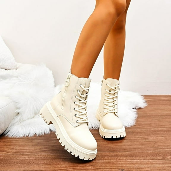 Women's Combat Boots – Lace-Up with Side Zipper, Memory Foam Insoles, Faux Fur Lining,Lug Sole Ankle Boots Lace Up Casual Shoes