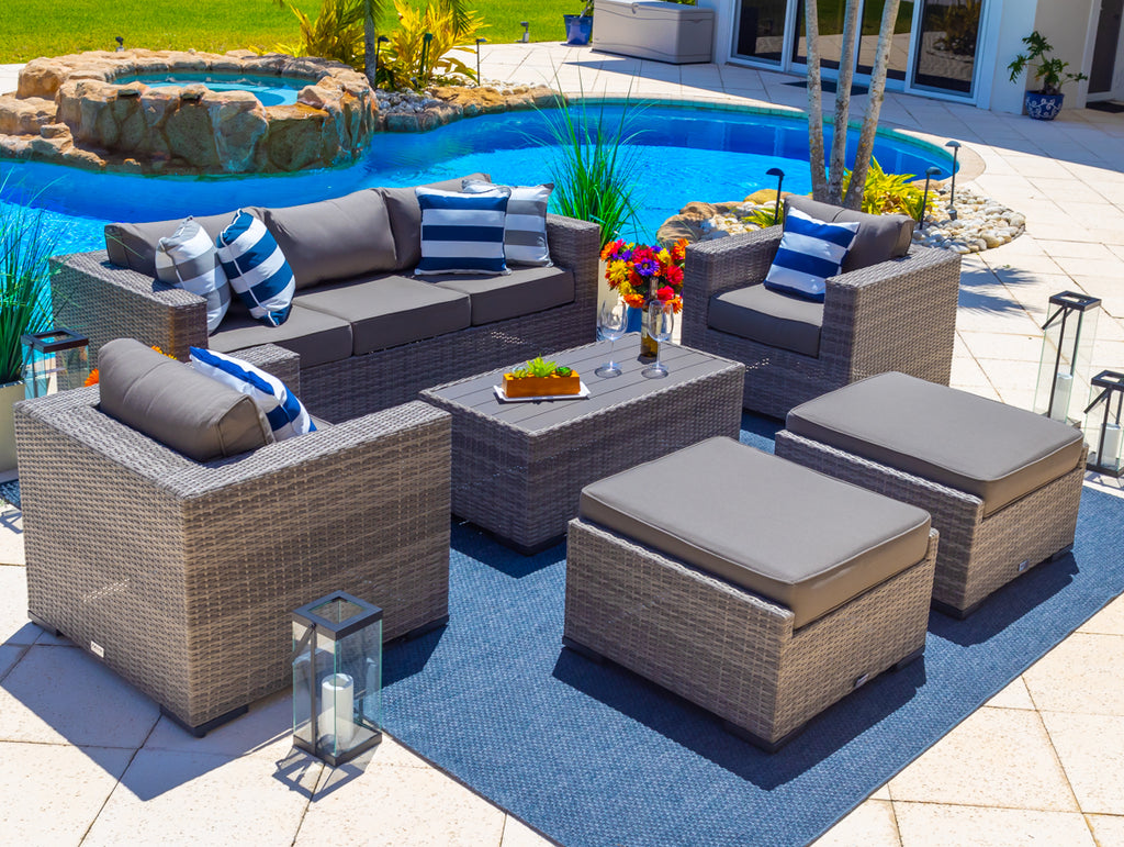 Sorrento 6-Piece L Resin Wicker Outdoor Patio Furniture Lounge Sofa Set in Gray w/ Sofa, Two Armchairs, Two Ottomans, and Coffee Table (Flat-Weave Gray Wicker, Sunbrella Canvas Charcoal) - image 1 of 3