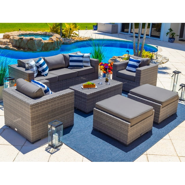 Sorrento 6-Piece L Resin Wicker Outdoor Patio Furniture Lounge Sofa Set in Gray w/ Sofa, Two Armchairs, Two Ottomans, and Coffee Table (Flat-Weave Gray Wicker, Sunbrella Canvas Charcoal)