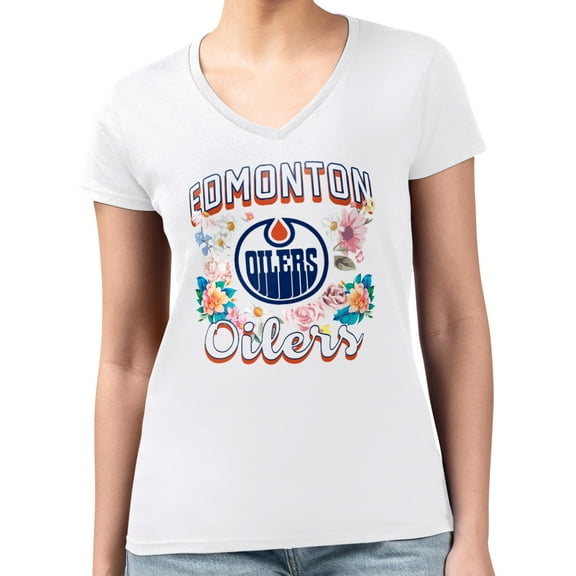 Women's G-III 4Her by Carl Banks White Edmonton Oilers Super-Slim Fit Lightweight Flower Logo V-Neck T-Shirt