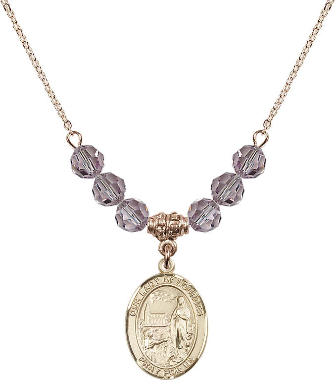 18-Inch Rhodium Plated Necklace with 6mm Rose Birthstone Beads and Sterling Silver Our Lady of Lourdes Charm.