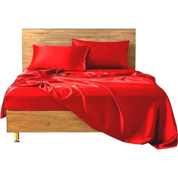 Cloud Fino 4 Pc Silk Satin Sheets Set|Silk Satin Fitted Sheet|Silk Satin Flat Sheet|Silk Pillowcase|4 Pc| Hotel Quality Sheets !!(Blood Red/Twin)