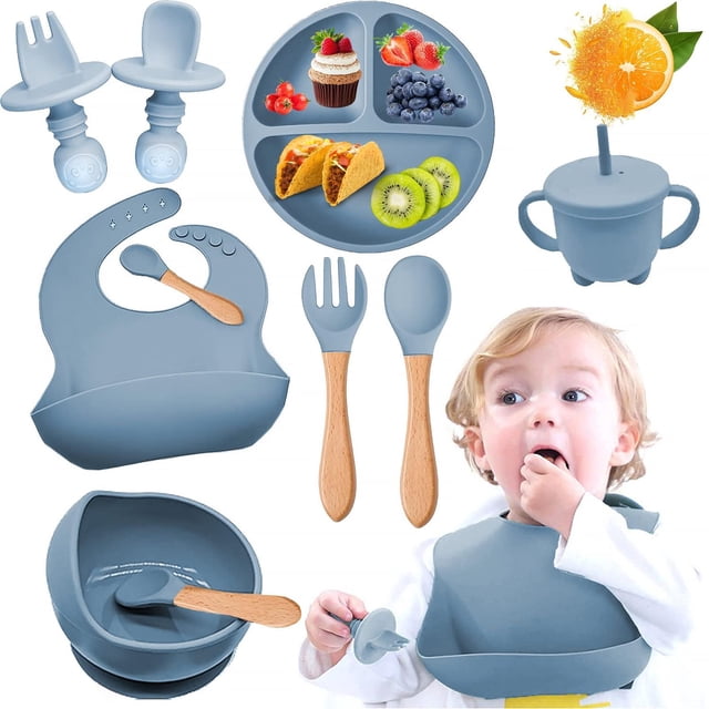 Set de Vajillas y Platos de Silicona, Azul, con Ventosas y Baberos Ajustables para Bebé, Seguros par
