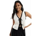 thumbnail image 5 of Women'S Old Money Tie Crochet Sweater Vest Contrast Binding Knot Front V Neck Knit Top White S, 5 of 8