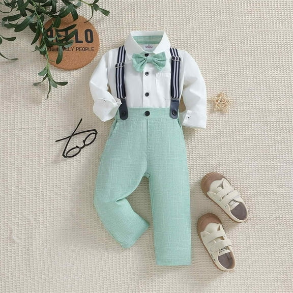 Toddler Kids Baby Boys 1st Christmas Outfit Gentleman Shirt with Bowtie Long Suspender Pants Overalls Clothes