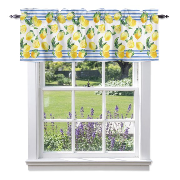 Summer Fruit Valances for Windows, Watercolor Yellow Lemon Blue Stripes Farmhouse Valance Window Treatment Rod Pocket Short Curtains Valances for Kitchen Bathroom 42"W x 12"L