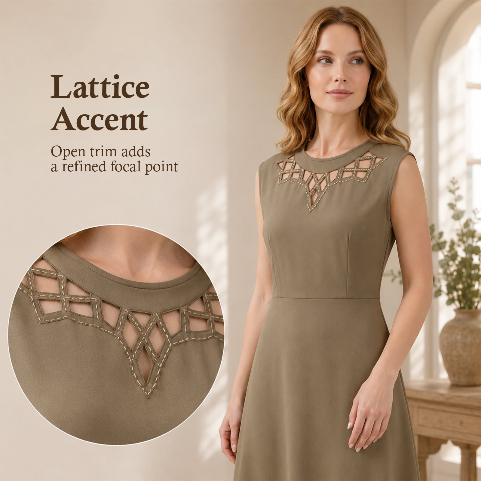Alvantor Women's Sleeveless Lattice Neck A-Line Dress, Dust Olive