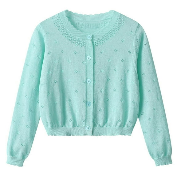 Riecok Little Girls Cardigan Sweater Crewneck Long Sleeve Hollow out Solid Color Button down Kint Sweaters Light Blue 5 Years