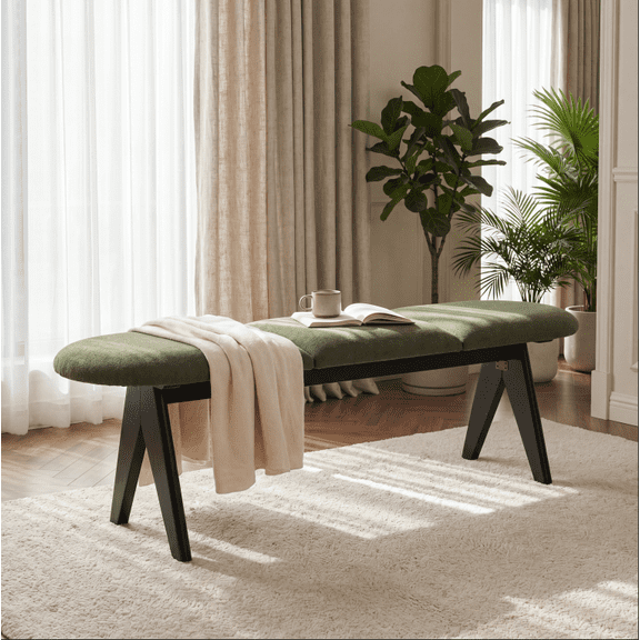 RIGO 53 Inch Upholstered Entryway Bench, Green Fabric End of Bed Bench with Black Angled Wood Legs