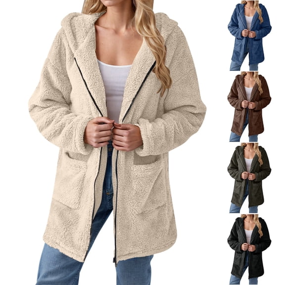Lovzfmll Fall Jackets for Women, Solid Color Hooded Jacket, Plush Zip Up Fleece with Pockets, Fall Winter Clothing