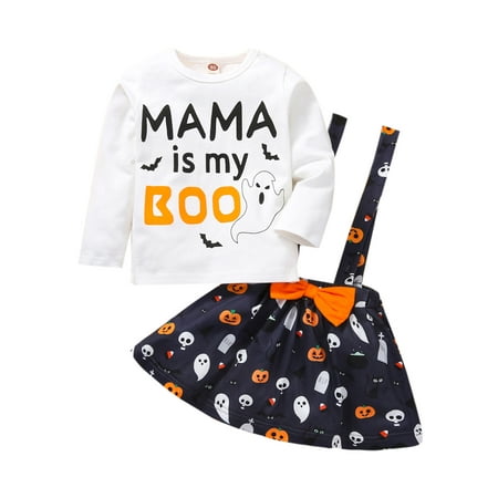

Infant Girls Letter Print O-Neck Long Sleeve Tops+ Pumpkin Suspender Skirt