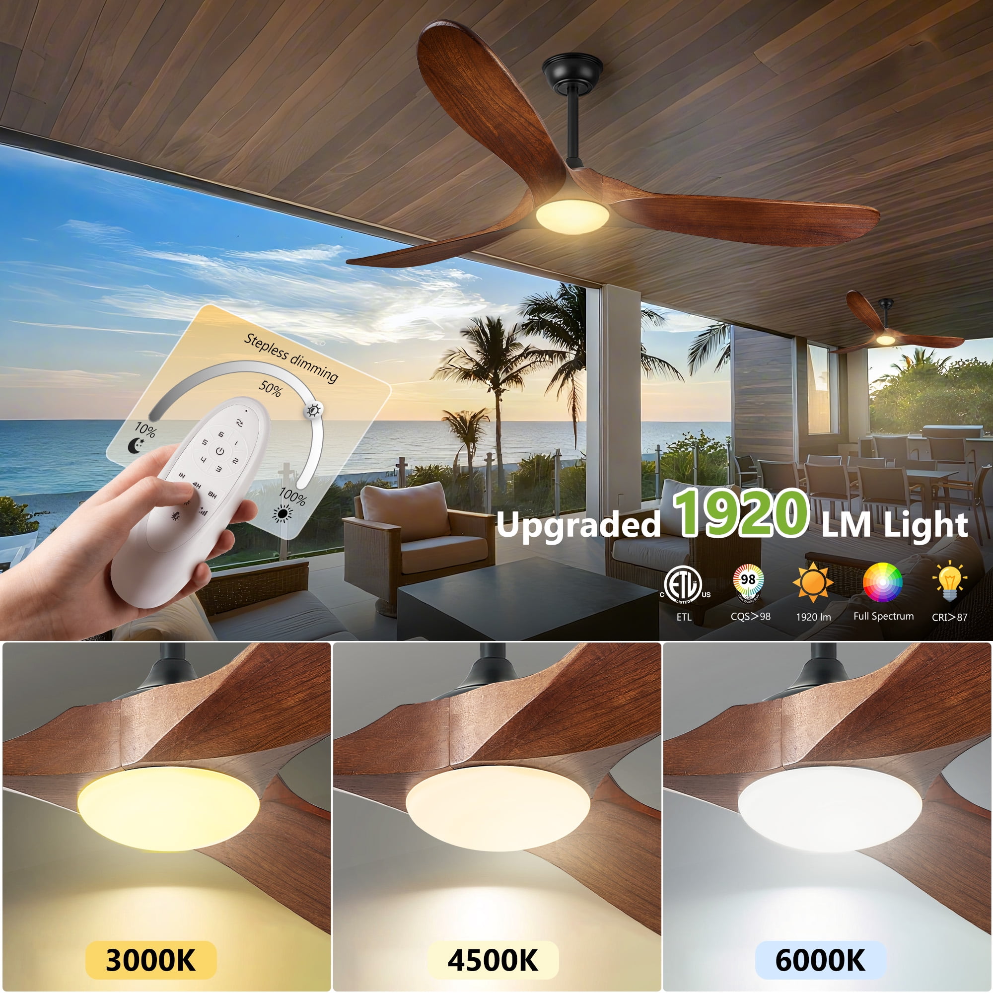 72" 3-Blade Ceiling Fan with Light & Remote – 6-Speed High CFM Quiet DC Motor, Solid Walnut Wood Blades, Indoor/Outdoor/Patio (Coastal/Farmhouse)