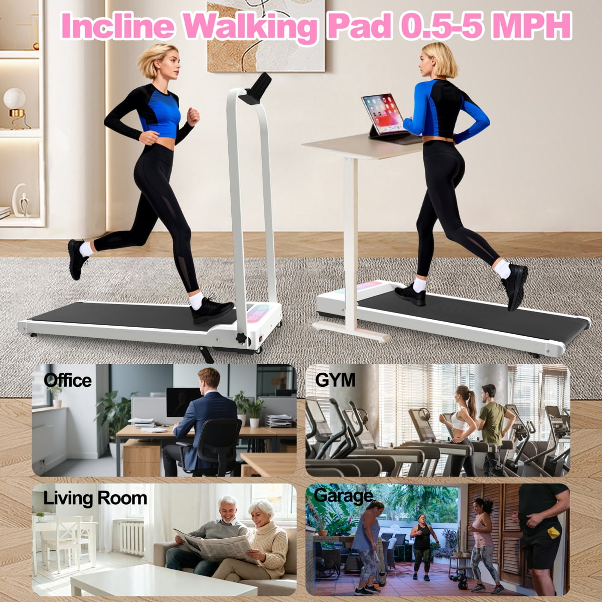 LuckyNote Foldable Treadmill with Handle & Incline, 2 in 1 Under Desk Walking Pad & Vibration Pad, 300Lbs Capacity, for Home Office, White
