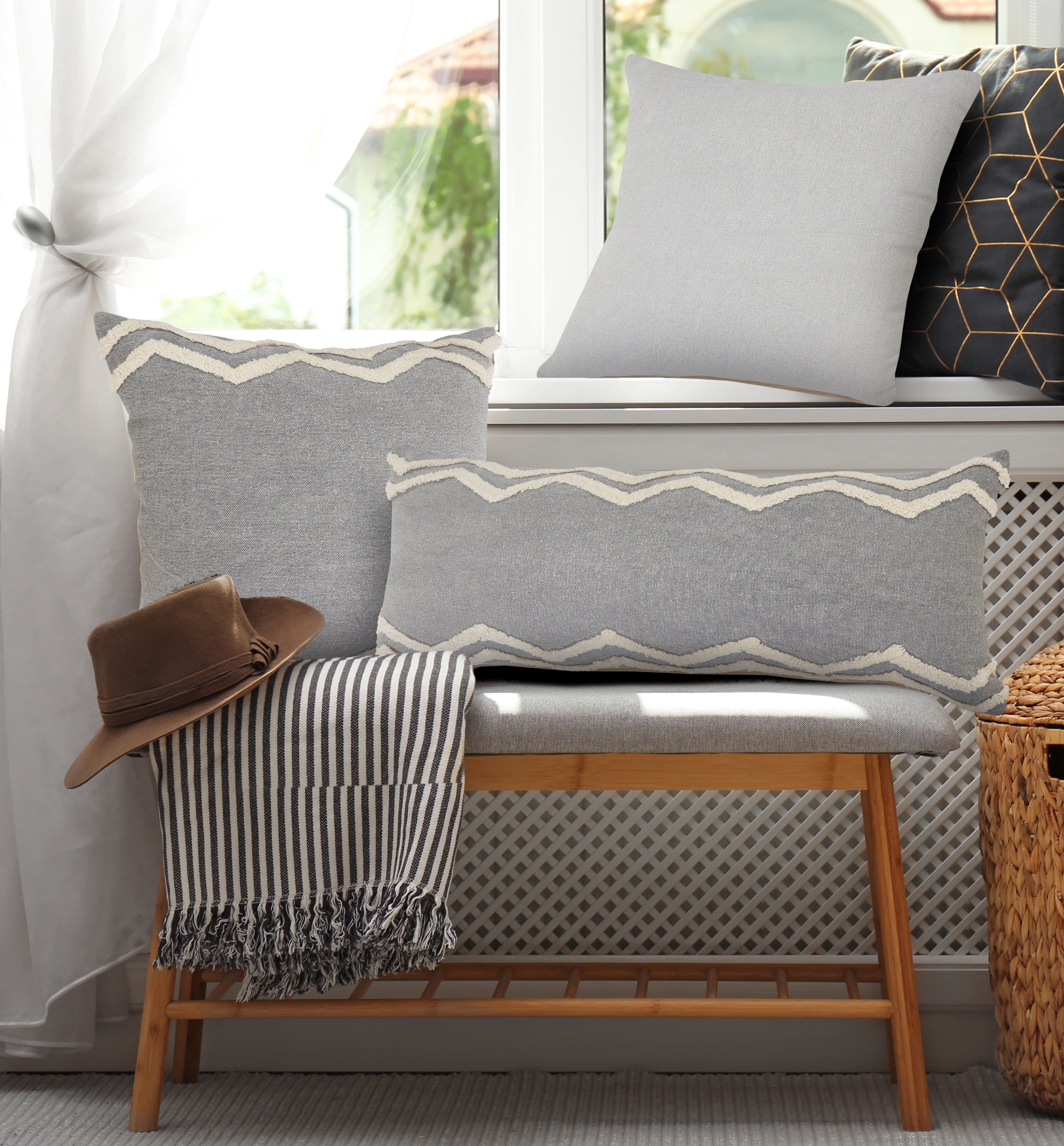 Harlow Hill Sindy 20" x 20" Geometric Cotton Adult Decorative Feather Filled Pillow, Gray/Cream