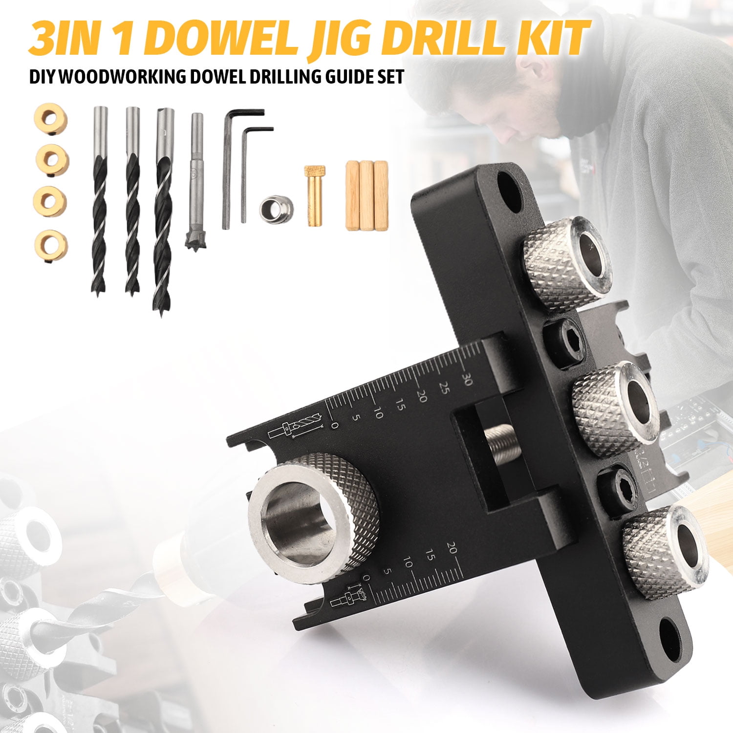 ASKITO 3-in-1 Dowel Jig Kit, Self Centering Doweling Jig for Straight Holes with Adjustable Woodworking Drill Guides Locator, Woodworking Joints Tool with 8/10/15mm Drill Bits