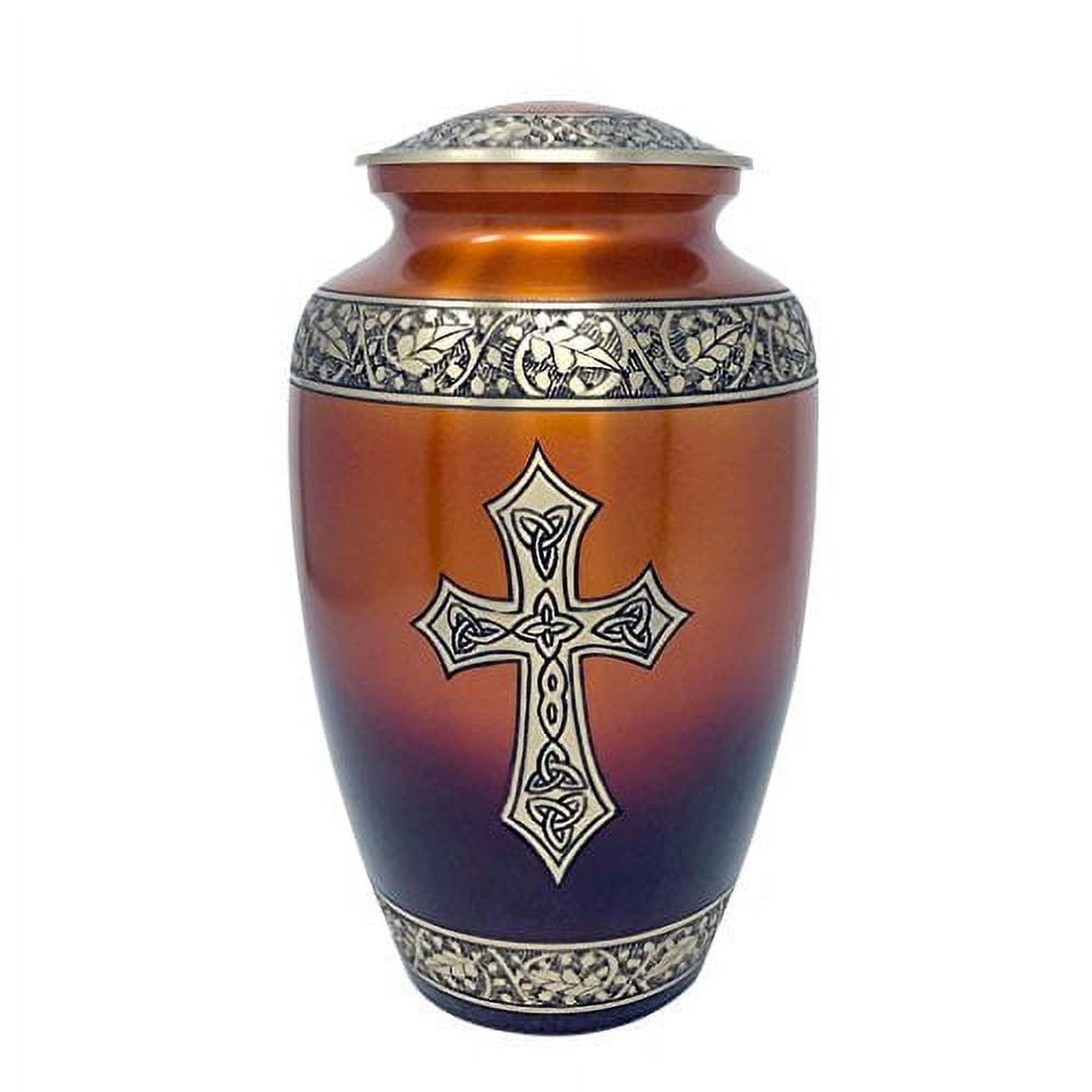 Blessings of Christ Sunset Gold Finish Cross Urn - Elegance Trinity Cross Urn - Religious Cremation Urn - Handcrafted Adult Religious Funeral Urn - Large Urn Deal with Free Bag (Sunset Gold)
