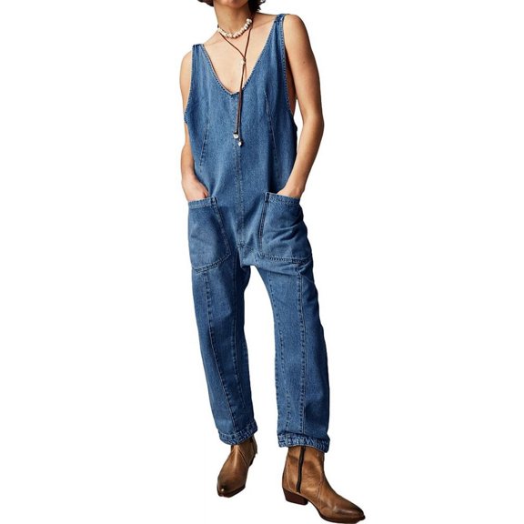 Sleeveless V-Neck Women Casual Denim Jumpsuit With Pocket