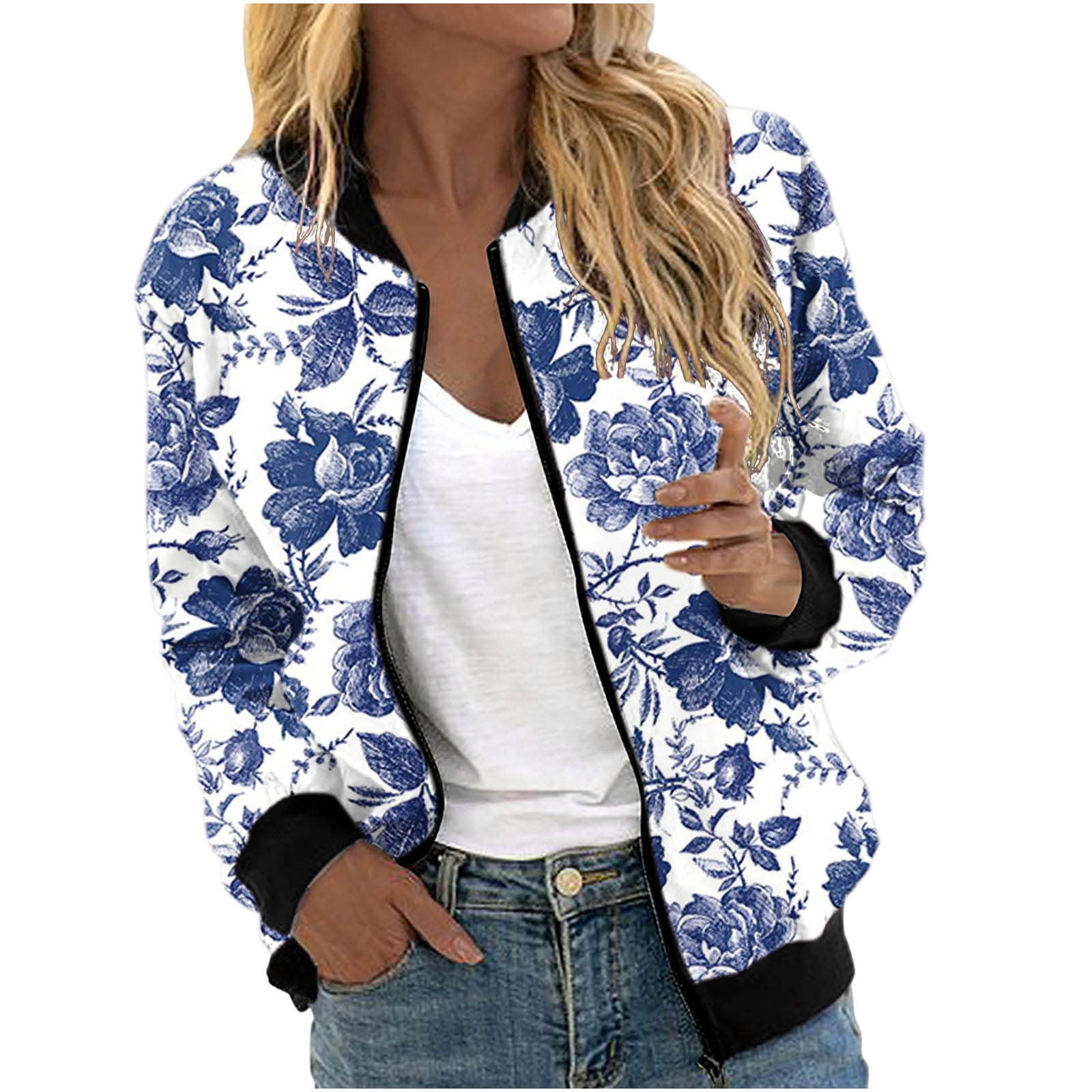  Top for Women Bomber Jacket Thin Summer Long Sleeve  Transitioned Coat Lady Basic Cute Floral Zipper Stand Collar Blouse :  Clothing, Shoes