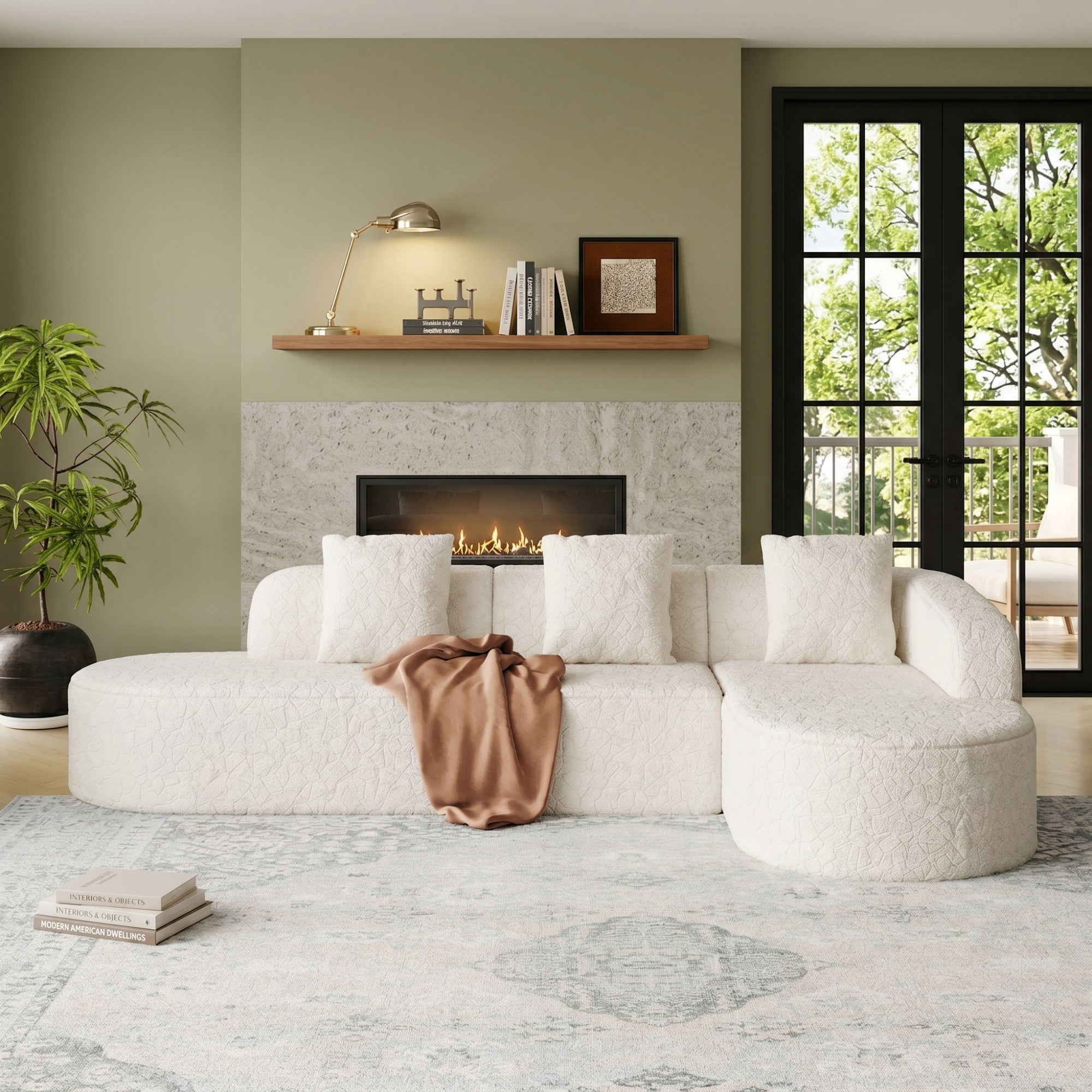 Sailvan 111.8" L-Shaped Curved Modular Sofa, Modern Lychee-Textured Sectional with Chaise, 3 Pillows White
