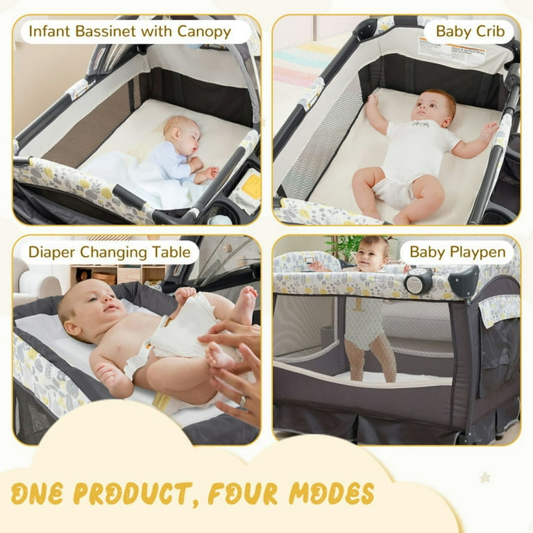 Spaco 4 in 1 Portable Pack and Play Baby Nursery Center with Bassinet Yellow Baby Bassinet Easy to Fold and Carry Travel Bassinet