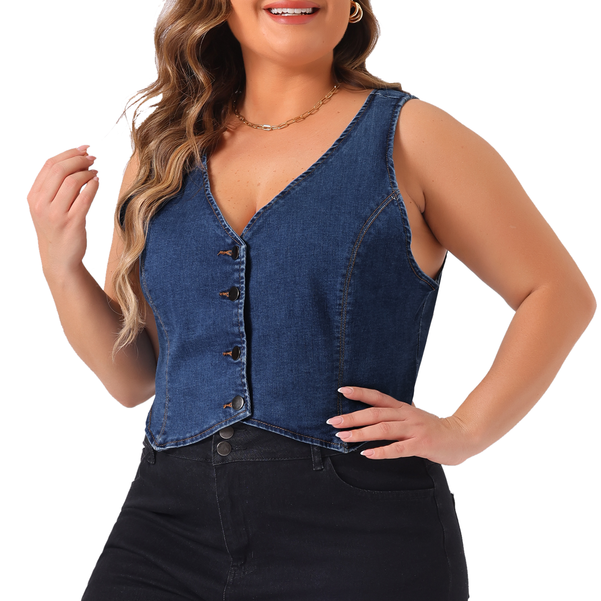 DARING DIVA Women's Plus Size Sleeveless V Neck Button Down Casual Denim Vest 3X Blue