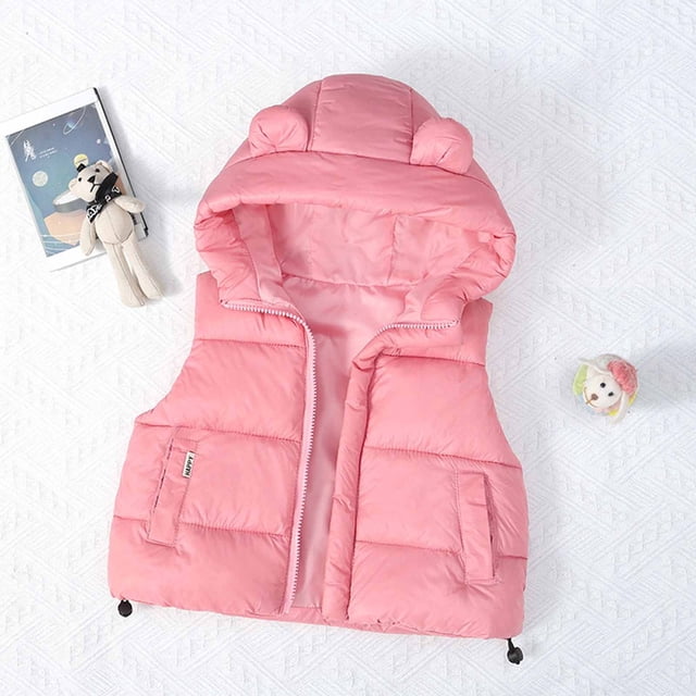 RXIRUCGD Children's Solid Color Thick Hooded Pocket Sleeveless Jacket( Pink, Size:5 Years )
