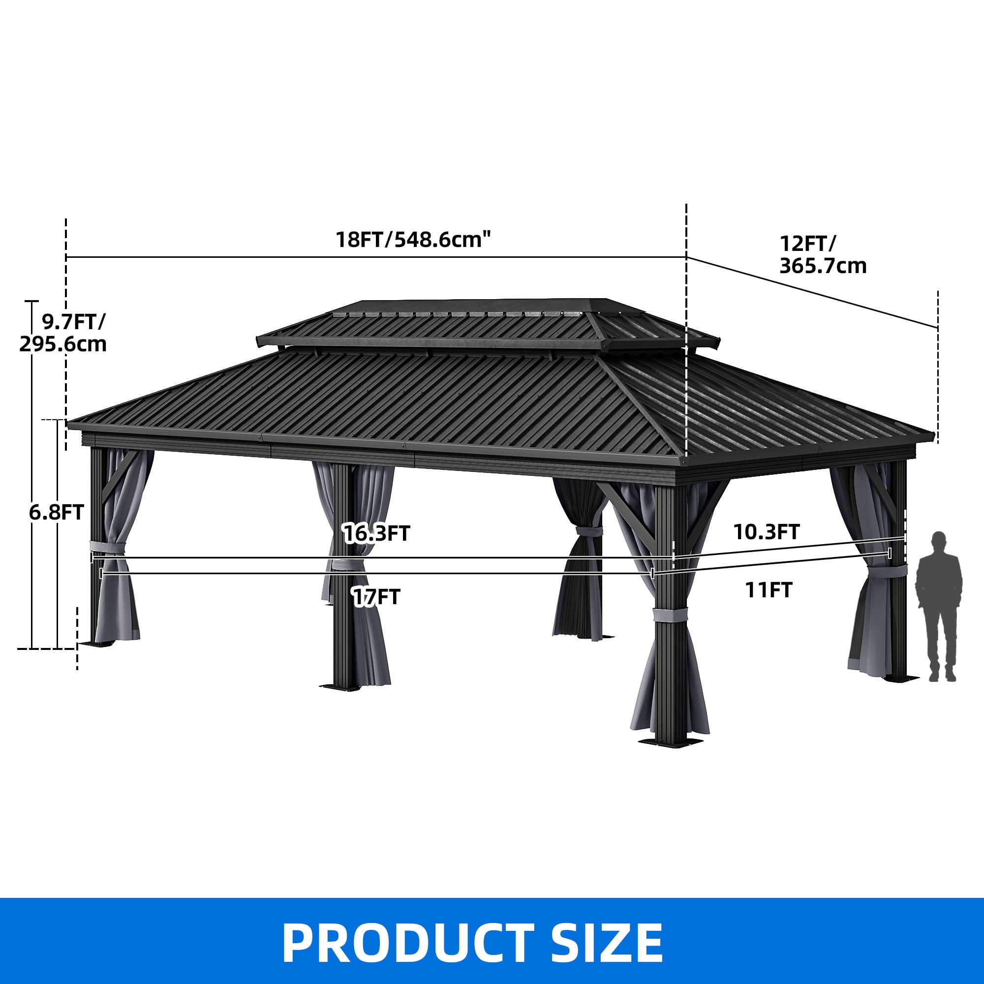 Dextrus 12x18ft Large Double Roof Hardtop Gazebo with Nettings & Gray Curtains,Heavy Duty Double Roof Galvanized  Iron Aluminum Canopy,Sunshade for Garden, Patio, Lawns, Black&Gray