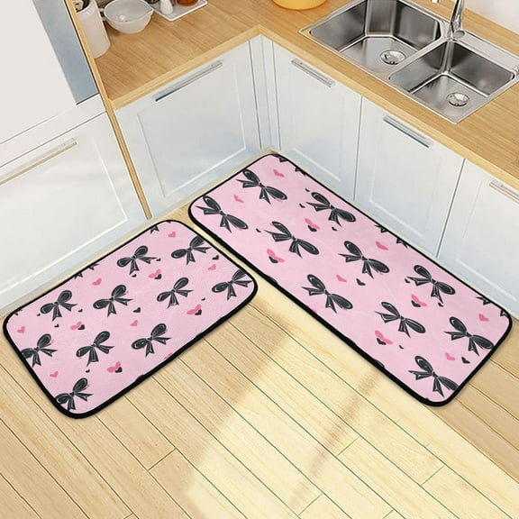 Kitchen Rug Set 2 Pieces Non Slip Kitchen Mat for Kitchen Home Floor Sink 47"x19" 27"x19" Black Bows