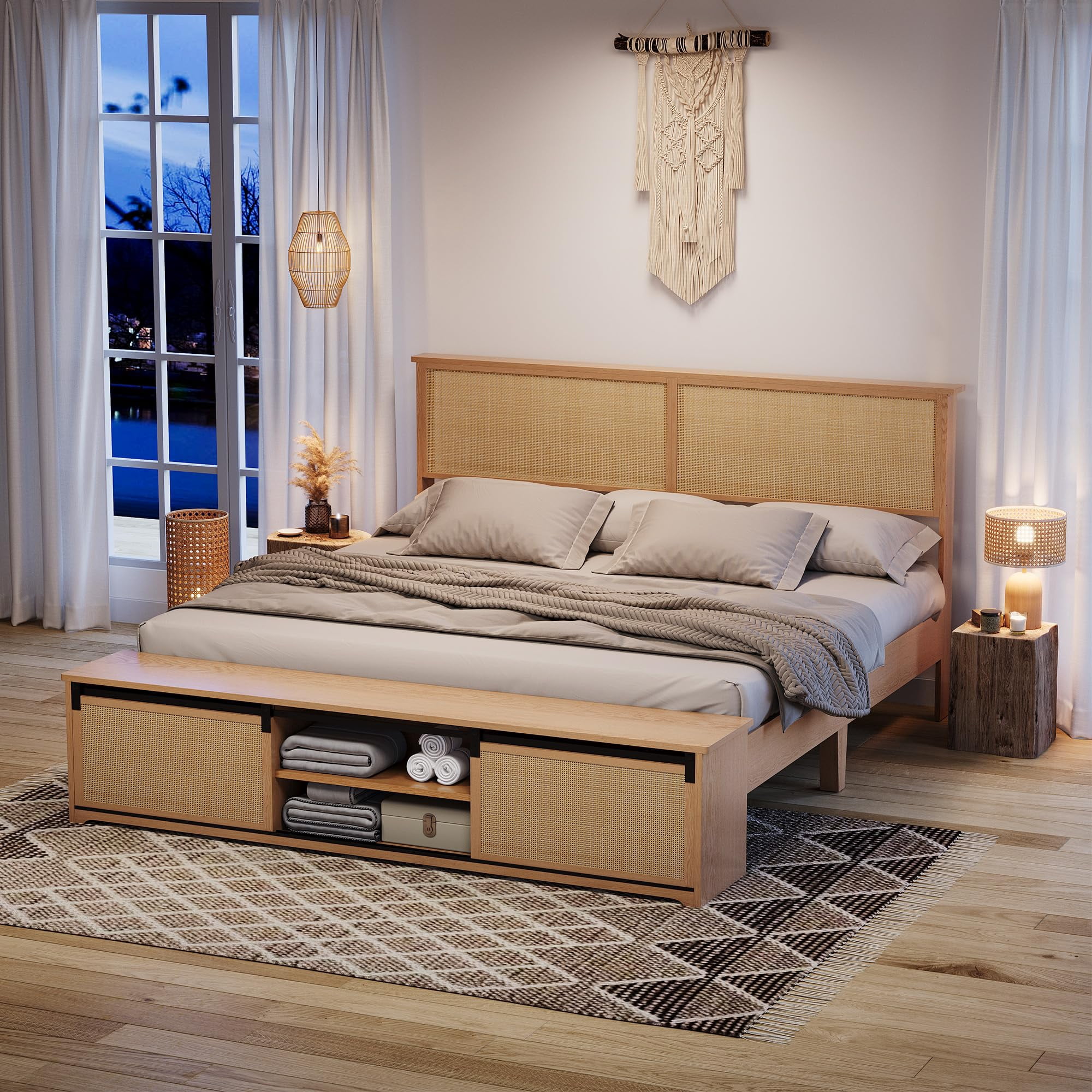 Danolapsi Rattan King Size Bed Frame with Sliding Barn Door Storage Cabinets and Headboard, Boho Farmhouse Wood Platform Bed with Solid Wood Legs Support, No Box Spring Needed（ship in 2 boxes）