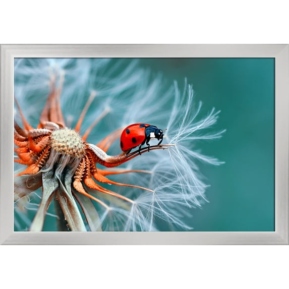 Ladybug on Dandelion - Up Close - Lantern Press Photography (24x16 Giclee Art Print, Gallery Framed, Silver Wood)