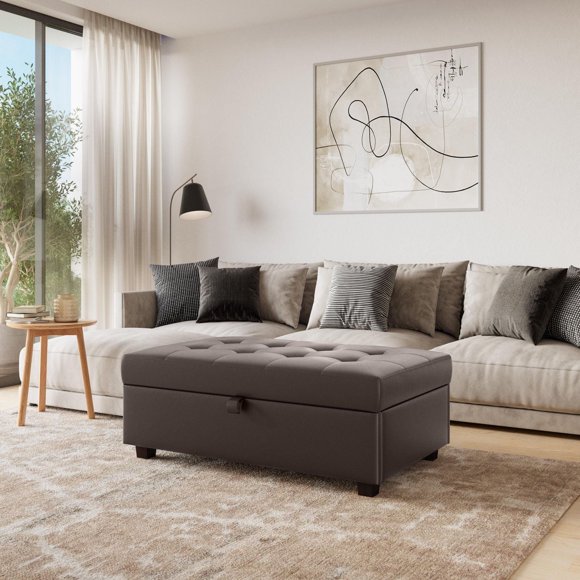 CorLiving Aubin Large Faux Leather Upholstered and Tufted Storage Ottoman with Wood Legs, Brown