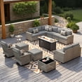 thumbnail image 2 of XIZZI 15-Piece Outdoor Patio Furniture Set with Fire Pit Table Swivel Rocking Chair, Wicker Outdoor Sectional with Ottoman & Solar Coffee Table for Garden, Large Villa Manor, Dark Gray, 2 of 10