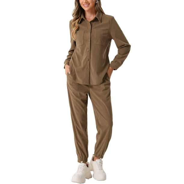 INSPIRAR CHIC Conjunto de 2 Piezas para Mujeres, Traje de Pana Casual, Chaqueta de Manga Larga con Botones y Pantalones con Bolsillos, Talla XS, Marrón