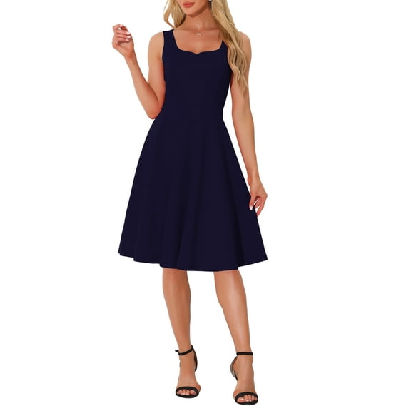 INSPIRE CHIC Vintage Swing Dress for Women's Sweetheart Neck Sleeveless Fit and Flare Dresses XS Dark Blue