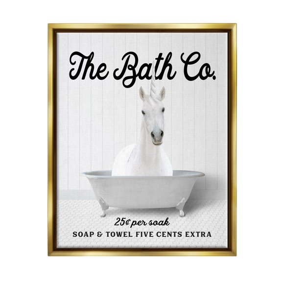 Stupell Industries Vintage Bath Ad Unicorn Animals & Insects Painting Gold Floater Framed Art Print Wall Art, 25 x 31