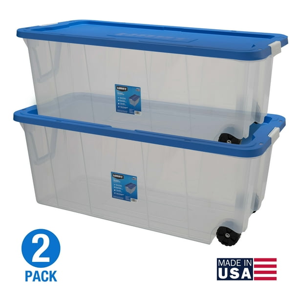Keido 200 Quart Latching Rolling Plastic Storage Bin Container, Clear, Set of 2