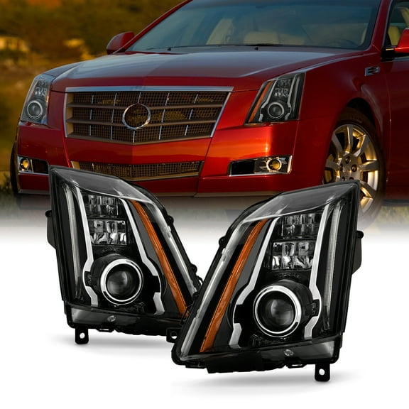AKKON - Fits 2008-2014 Cadillac CTS [Halogen Type] SwitchBack LED Amber Signal Projector Black Headlights Pair Driver Passenger