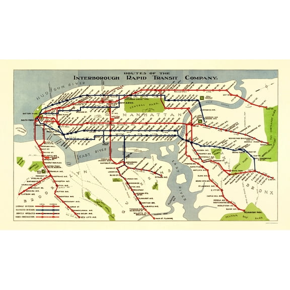 Railroad Map - New York City IRT Routes - 1924 - 23 x 39.01 - Vintage Wall Art