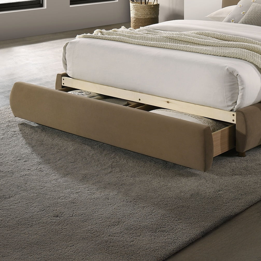 Bed Frame Beautiful 1pc Queen Size Bed Curved Design Velvet Brown Color Upholstered Headboard Storage FB Bedroom Furniture Bedframe