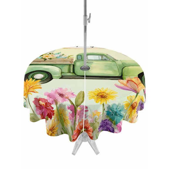 Outdoor Tablecloth with Umbrella Hole for Patio/Picnic/Party/Camping, Spring Floral Waterproof Table Cloth Round Cover Washable, Green Country Truck Pastoral Botanical Vintage (Dia 54")