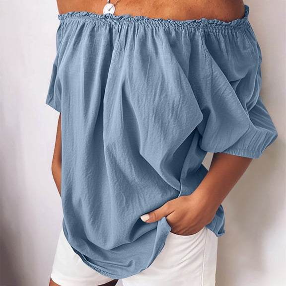 Off Shoulder Tops for Women Cotton Linen Shirt Breathable Half Sleeve Dressy Casual Pullover T-Shirts