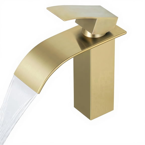 DEMIJIE Waterfall Bathroom Basin Faucet for Wash Basin - Single-Hole Mount with Golden Finish, 4.3-Inch Waterfall-Style Spout Outlet, Bib Cock, Hot/Cold Water Mixing