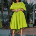 thumbnail image 2 of Femmes femmes d'Été Bouffi Robe Couleur Unie Cou Carré Manches Bulle une Pièce Robe Courte (Chartreuse M), 2 of 4
