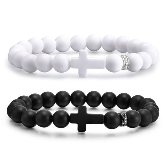VNOX 2 Pcs Silicone Cross Bracelet for Men : Comfort Black White Rubber Cross Beaded Silicone Men's bracelet Set Stretch Jesus Wristband, Faith Religious Christianholic Jewelry Gifts