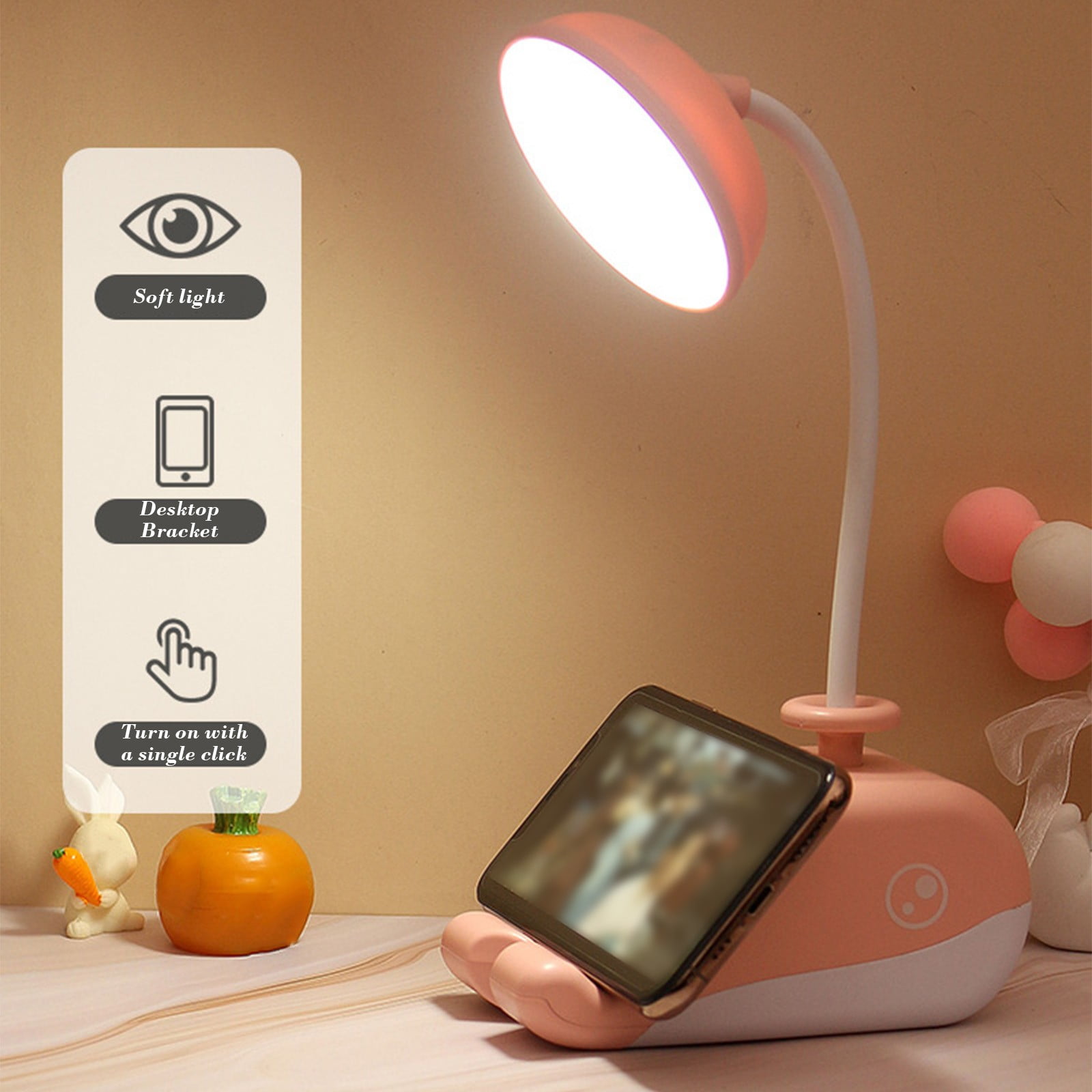 USB Rechargeable LED Desk Lamp with Pen Holder & Phone Stand, Flexible Gooseneck, Adjustable Brightness, Eye-Caring Light for Student Dorm, Bedroom, Reading
