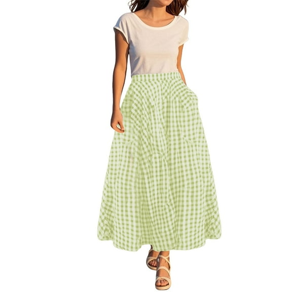 Prolriy Women's Skirts, Women's Summer Elastic High Waist Plaid Ruffled Maxi Skirt Swing Flowy A Line Skirt Maxi Skirts for Women Green M