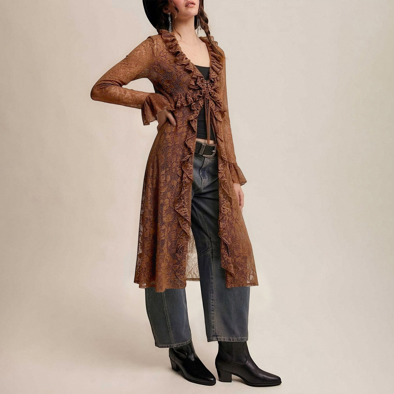Fengqque Women Print Sheer Lace Maxi Duster Open Front Ruffled Trim Drawstring Long Sleeve Lightweight Layering Outer Cover Up Coffee S