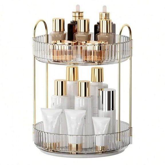 JQDWMDLX 360 Rotating 2 Tiers Makeup Organizer, High Capacity Cosmetic Skincare Perfume Organizer for Dresser Bathroom (Clear)